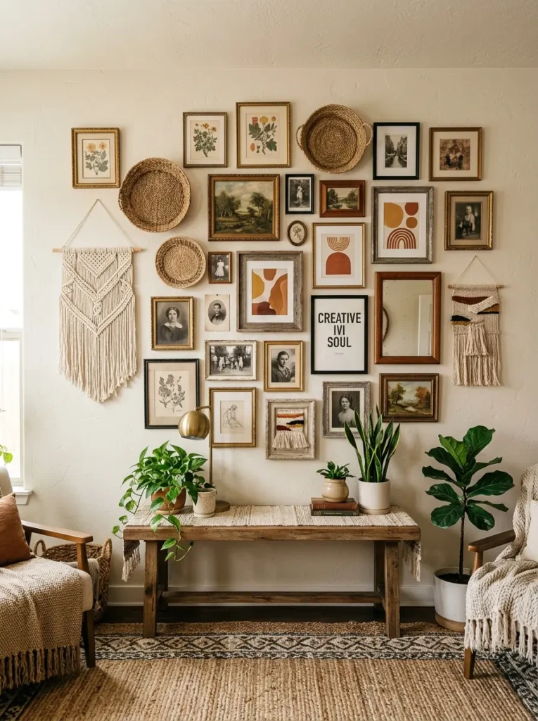 Boho gallery wall with mixed frames, woven baskets, and macrame decor
