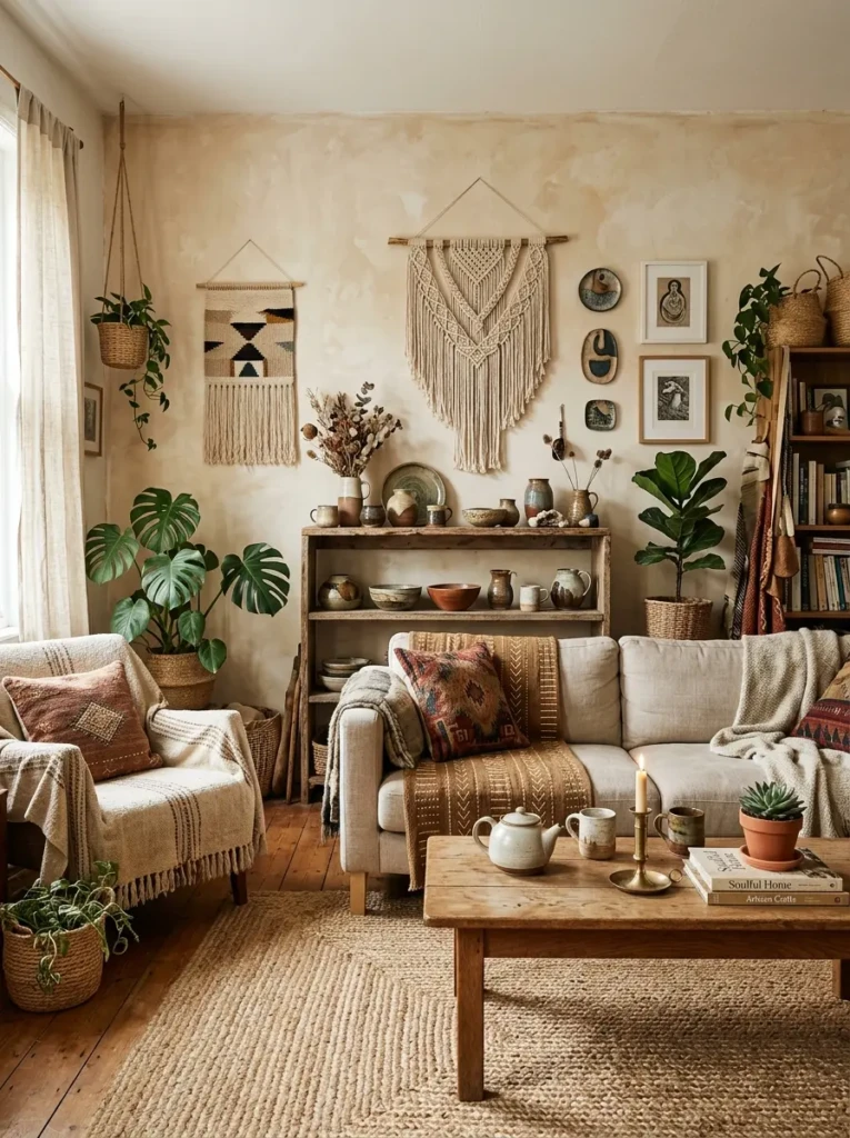 Bohemian living room featuring handmade pottery and woven wall hangings
