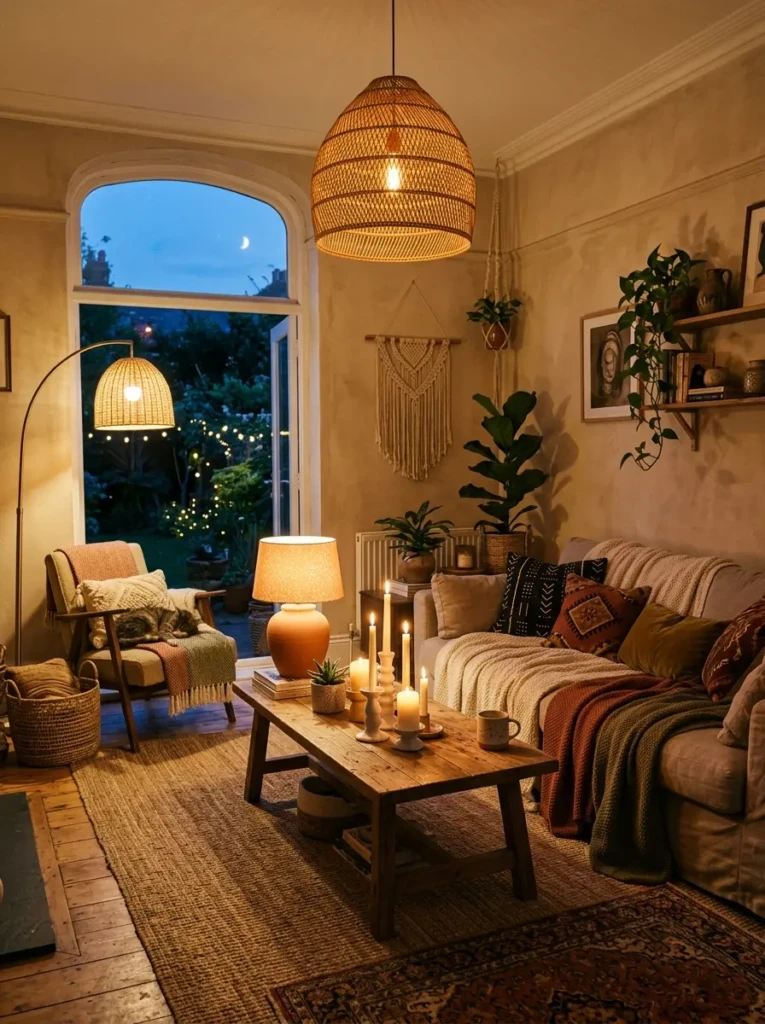 Cozy boho living room at dusk with warm floor lamp, ceramic table lamp, rattan pendant, candles, and golden glow.