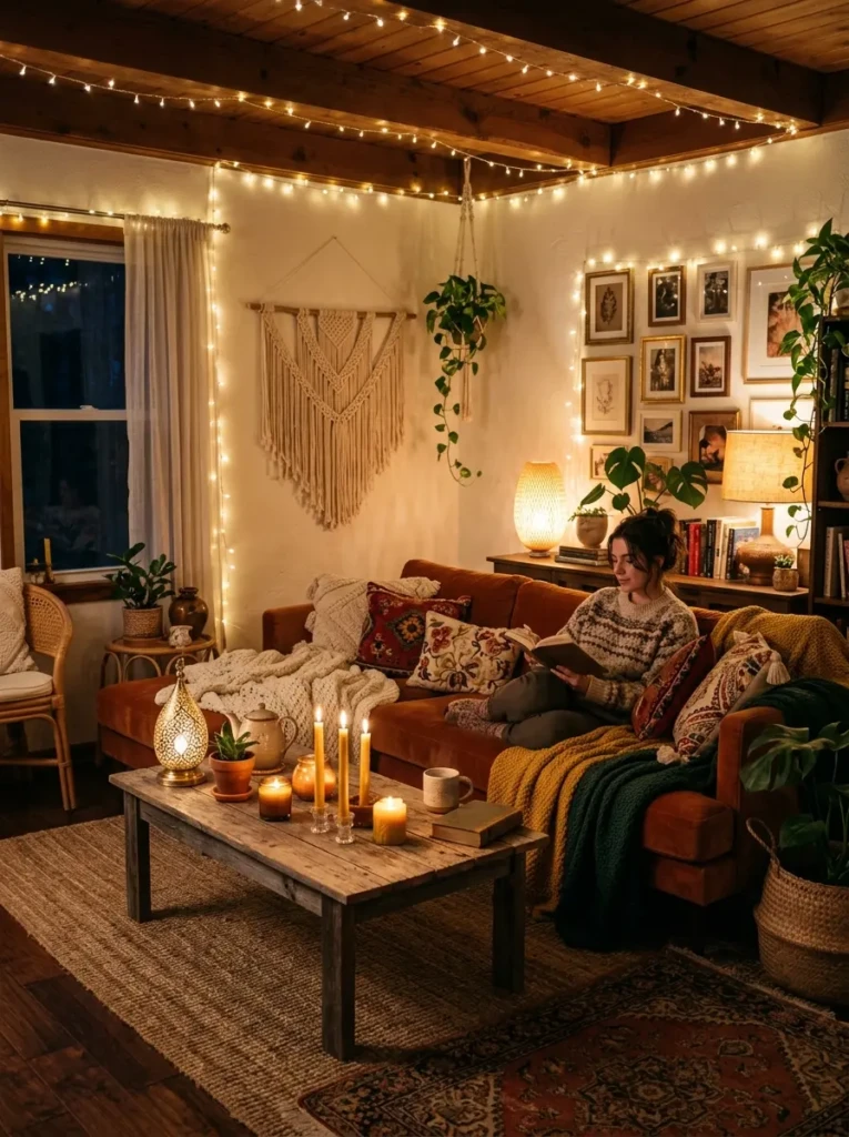 A cozy bohemian living room at night with soft lighting from candles, lamps, and string lights