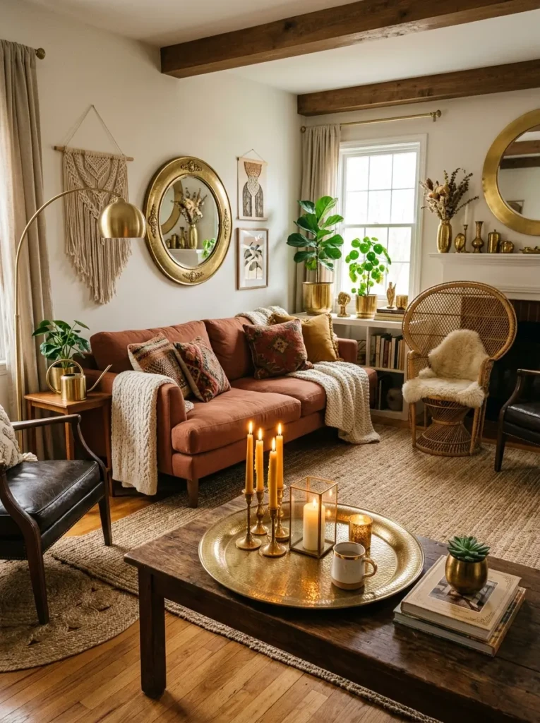 Boho decor with metallic accents like gold trays and brass candle holders