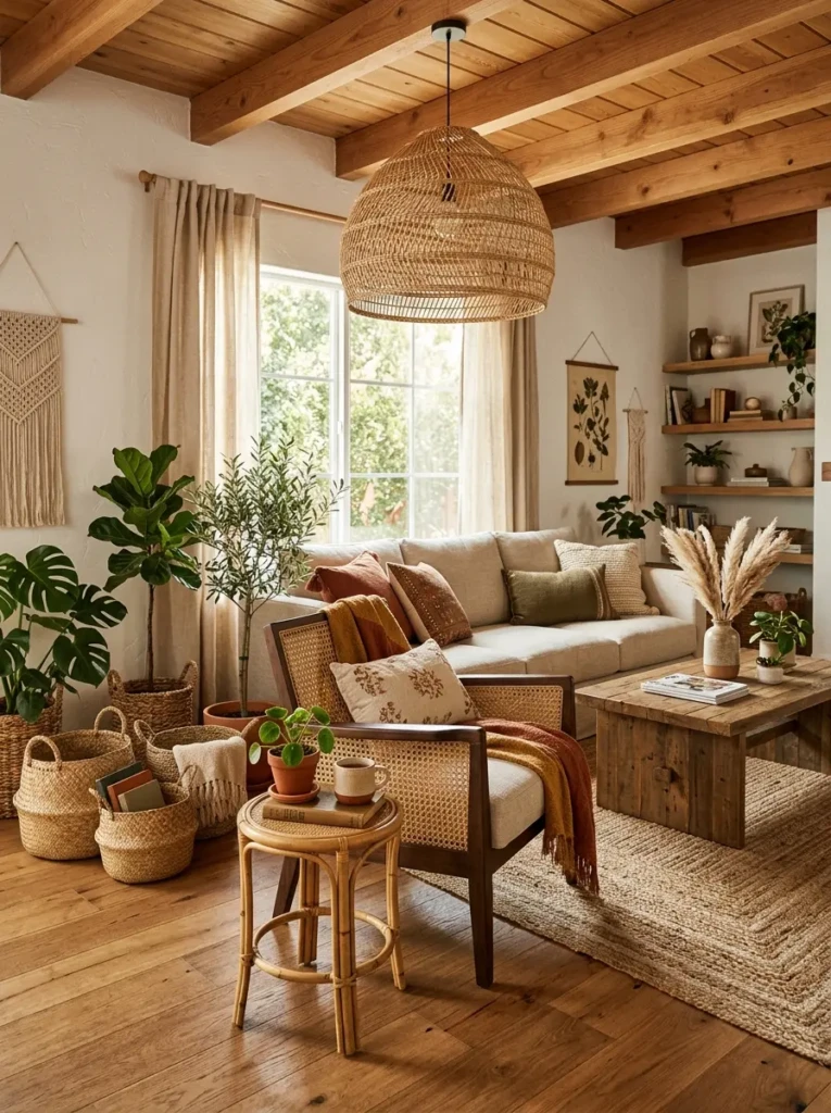 Boho living room with cane accent chair, rattan pendant light, woven baskets, bamboo side table, and linen curtains.