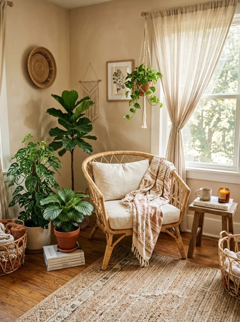 Sunlit boho living room corner with a rattan chair, leafy plants, woven rug, and soft linen curtains.