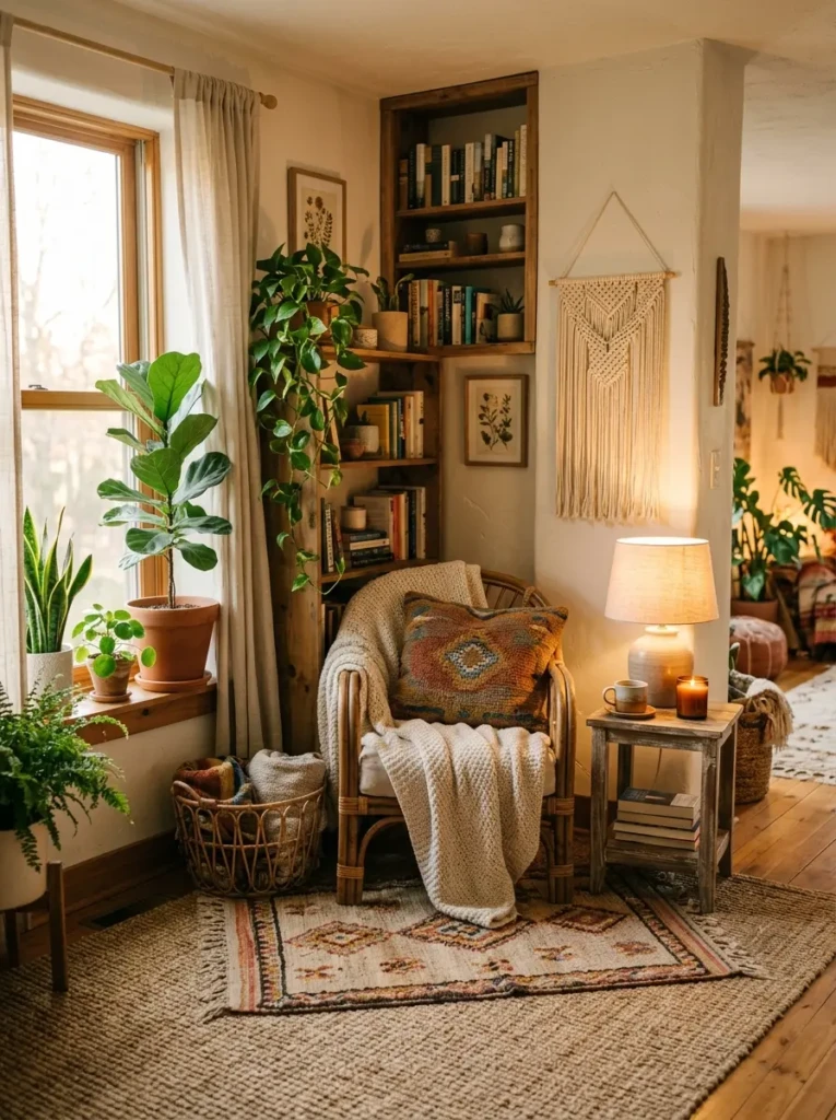 A peaceful boho living room corner with soft textures, warm lighting, and natural elements creating a calming space