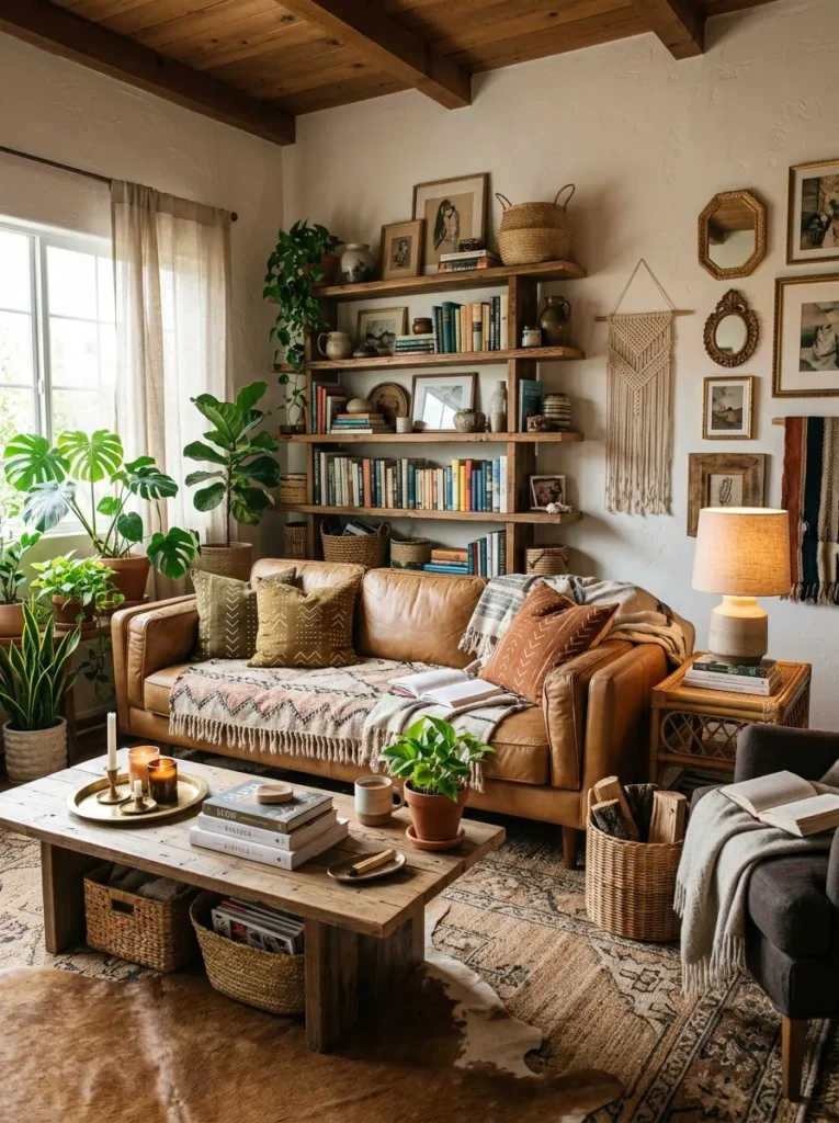 Boho living room with layered decor, books, baskets, and plants styled in a relaxed yet organized way