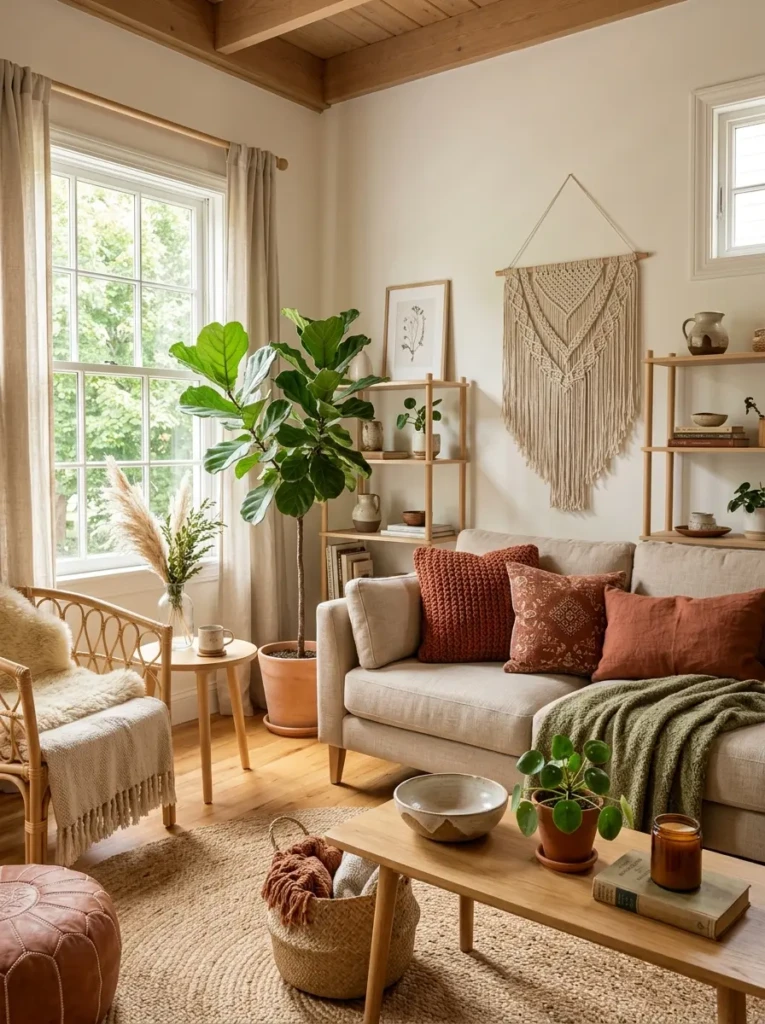 Boho living room with terracotta, beige, and olive tones, creating a calm, warm, and naturally inviting atmosphere