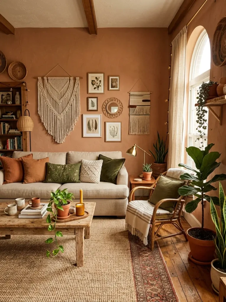 A warm boho living room with terracotta walls, neutral furniture, and earthy color accents