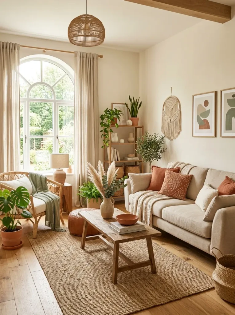 Boho living room styled with terracotta, beige, and sage green accents