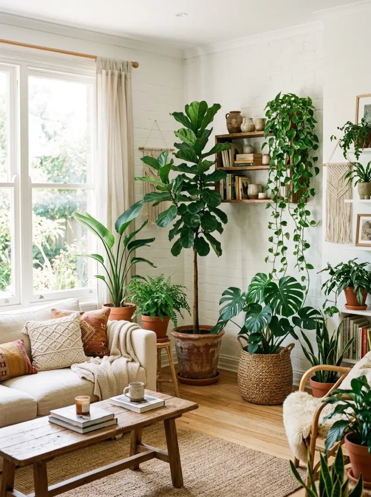 Airy boho living room filled with tall plants, trailing pothos, monstera, terracotta pots, woven baskets, and natural sunlight.