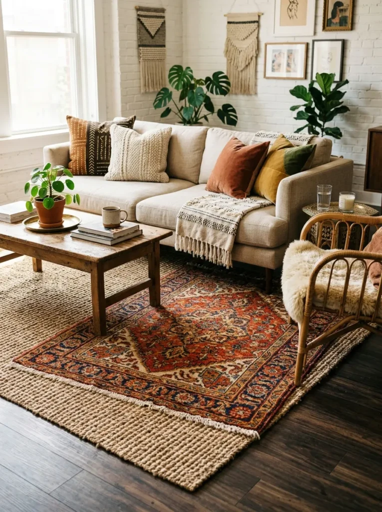 Boho living room floor featuring layered Persian and jute rugs in warm earthy tones