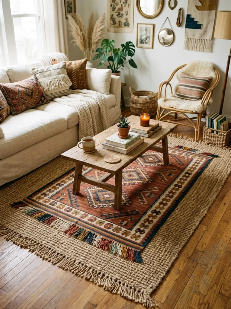 Boho living room with a jute rug layered under a vintage patterned kilim rug, wooden coffee table, and warm earthy tones.