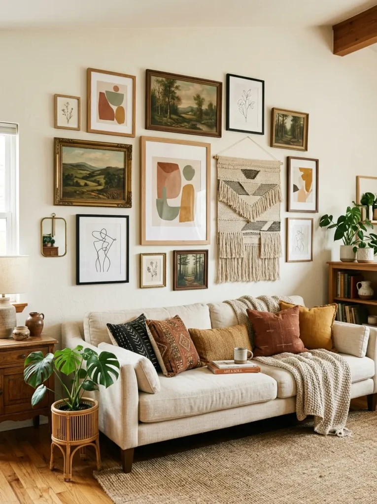 Boho living room gallery wall with abstract prints, vintage landscapes, woven art, and mixed frames.