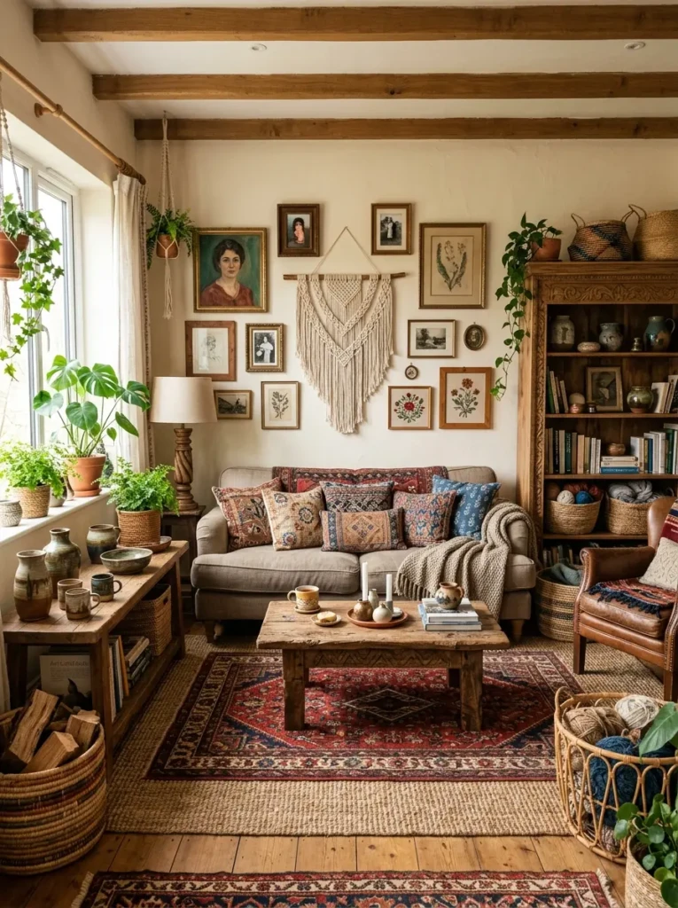 Boho living room with handmade ceramics, embroidered textiles, carved wood decor, artisan baskets, and personal framed art.