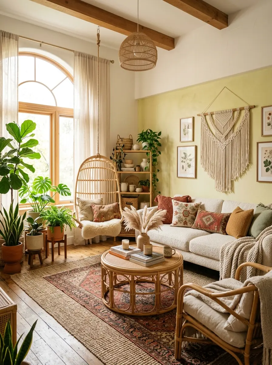 Cozy boho living room with layered textures, plants, and warm tones creating an inviting and stylish space
