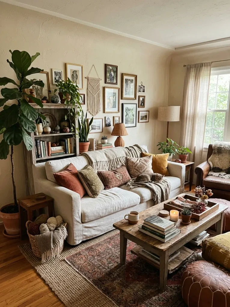 Lived-in boho space with layered decor and natural imperfect arrangement