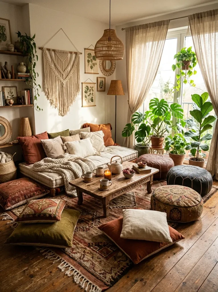 A relaxed bohemian living room featuring floor cushions, poufs, and a low table for a cozy lounge feel