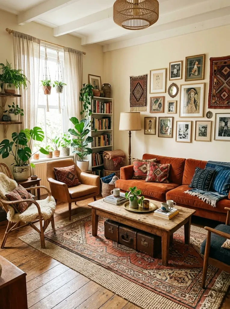 Boho living room combining vintage wooden table with modern sofa and mismatched decor pieces