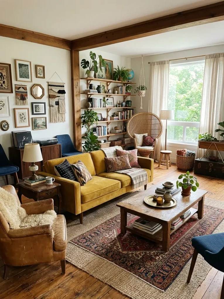 A bohemian living room combining different furniture styles and wood tones for a curated look