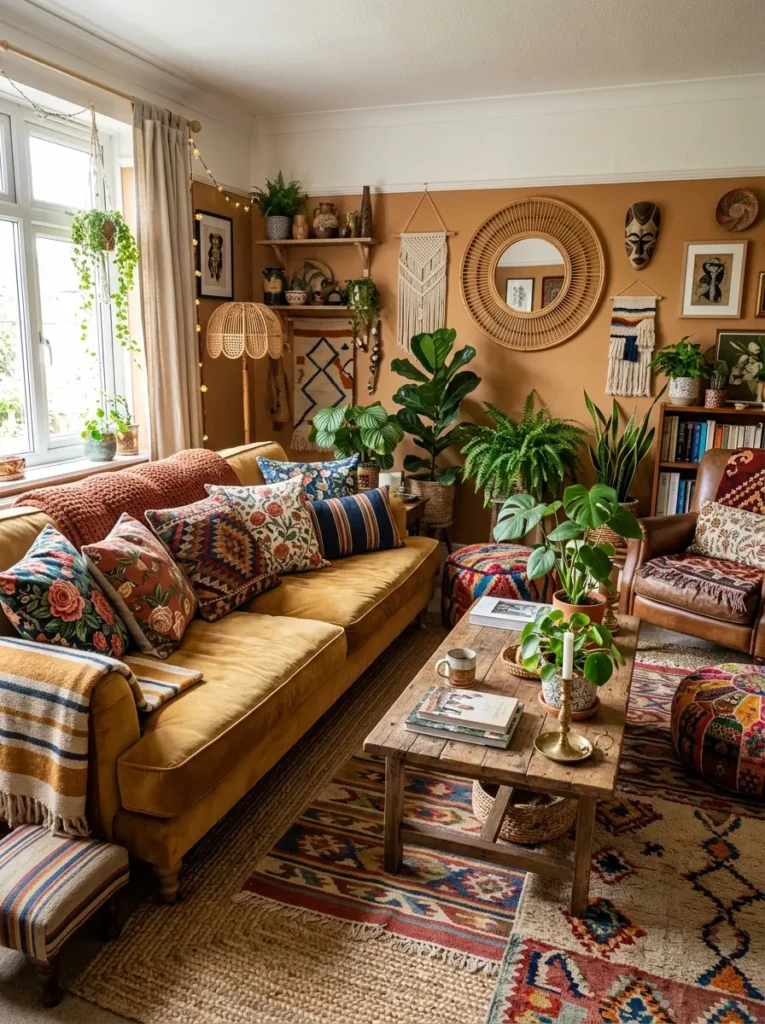 A vibrant boho living room with floral cushions, striped throws, and tribal prints blended in a cohesive earthy color palette
