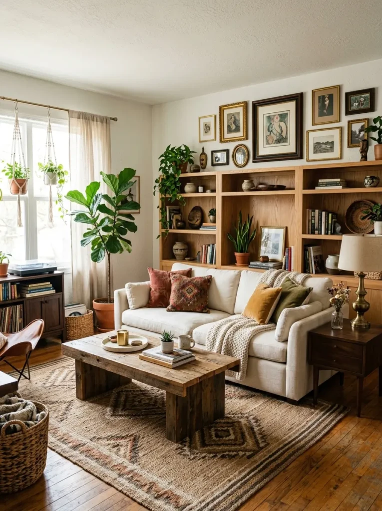 Boho living room with mixed wood tones, reclaimed coffee table, oak shelves, and vintage decor.