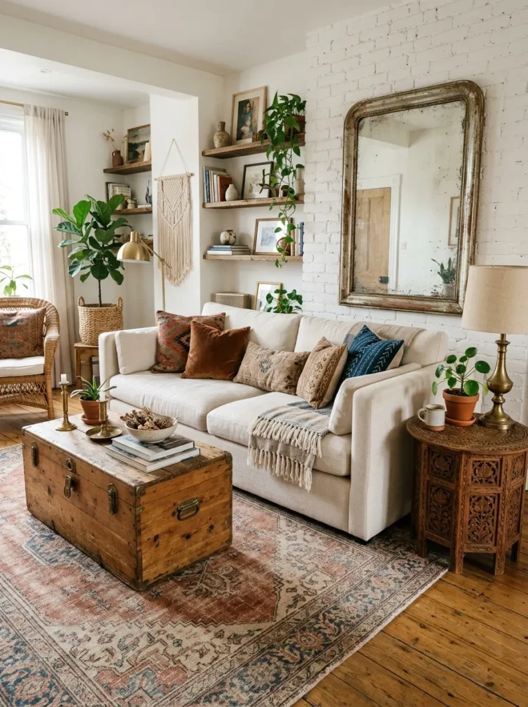 Boho living room with modern cream sofa, vintage wooden trunk coffee table, aged mirror, carved side table, faded rug, and brass accents.