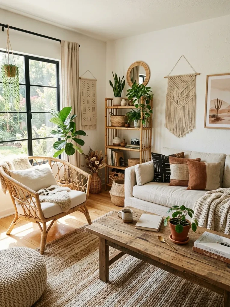 Bohemian living room featuring wooden furniture, rattan chair and earthy natural materials