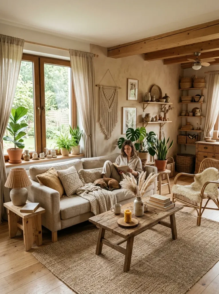 Boho living room with wooden furniture, linen curtains, and ceramic decor creating a grounded natural feel