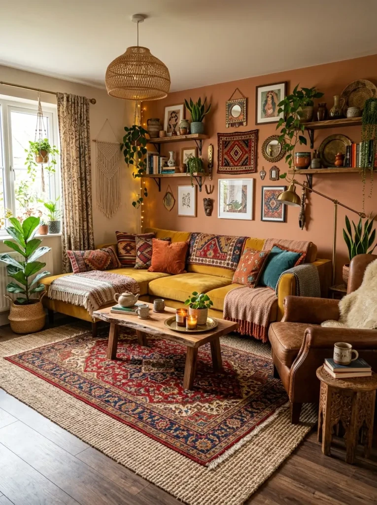 A cozy boho living room with a bold patterned Persian-style rug layered over a neutral base, adding depth and visual interest