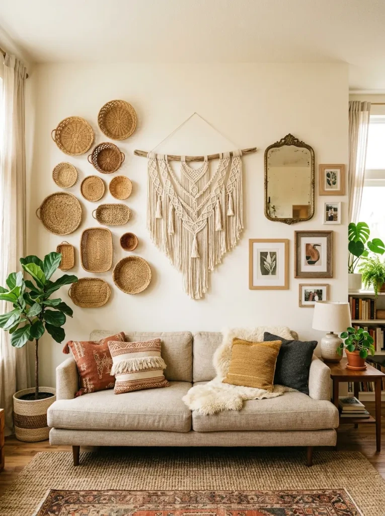 Boho living room wall with macrame hanging, woven basket decor, vintage mirror, natural wood frames, and neutral colors.
