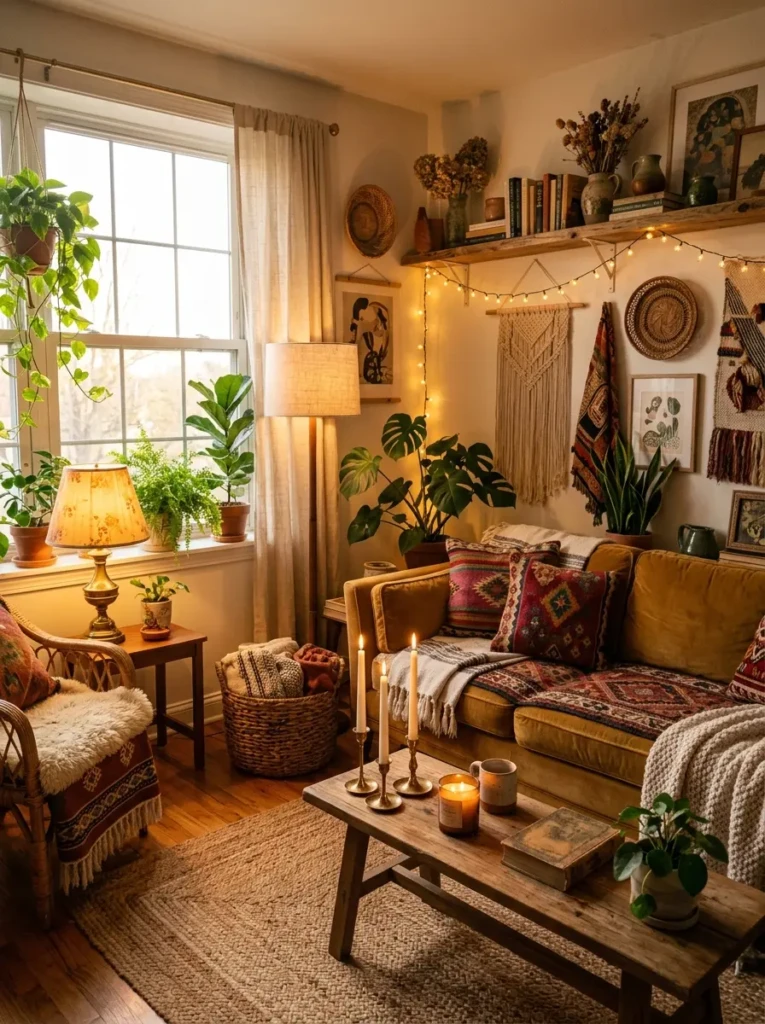 A dreamy boho living room with soft lamps, glowing candles, and fairy lights creating a warm golden-hour ambiance