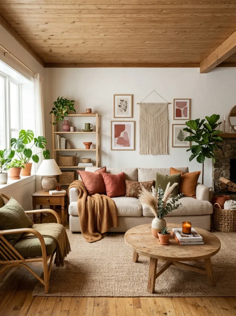 Earthy boho living room with beige sofa, terracotta pillows, olive accents, and warm neutral decor.