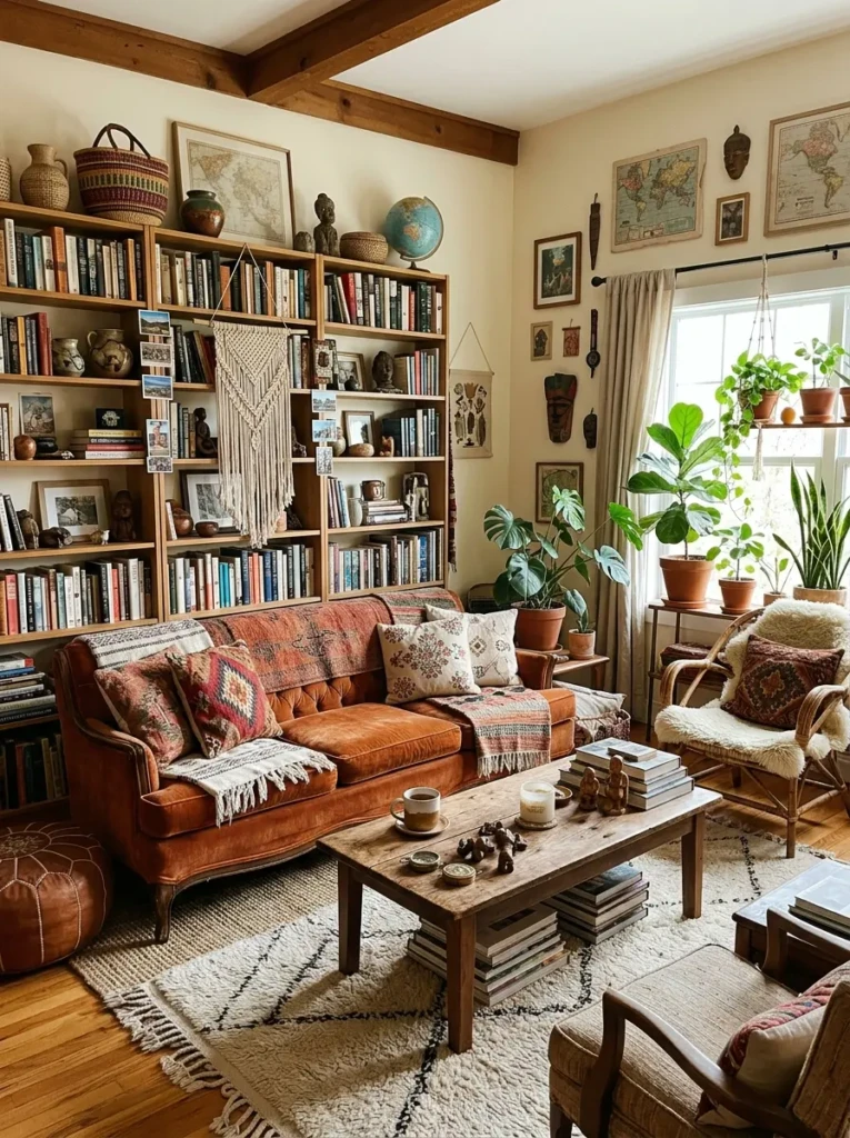 Bohemian living room featuring books, handmade items and personal decor creating a cozy lived-in feel