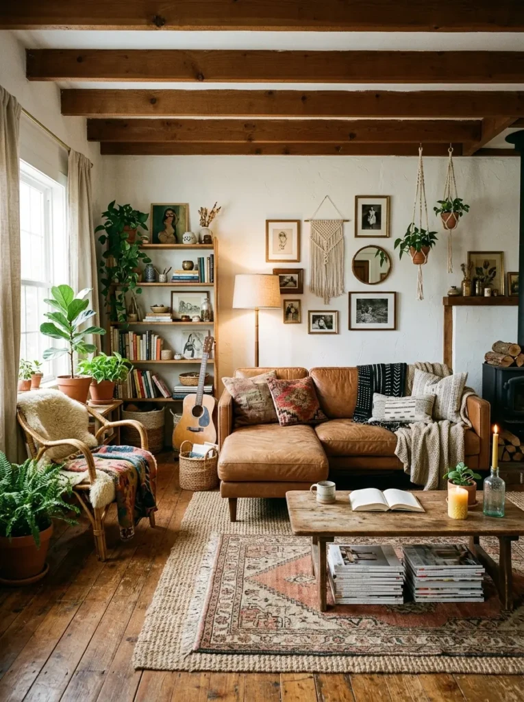 A relaxed bohemian living room with slightly imperfect decor arrangement and natural styling