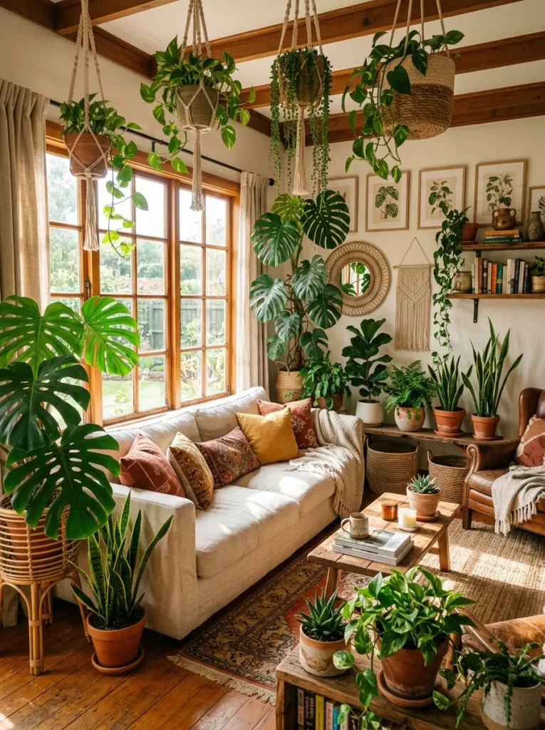 Boho aesthetic living room decorated with monstera, snake plants and hanging pothos in woven baskets