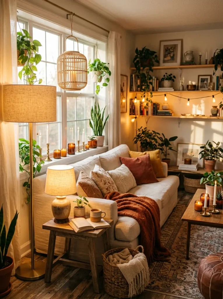 Cozy boho living room with floor lamp, candles, rattan lantern, and warm golden lighting.
