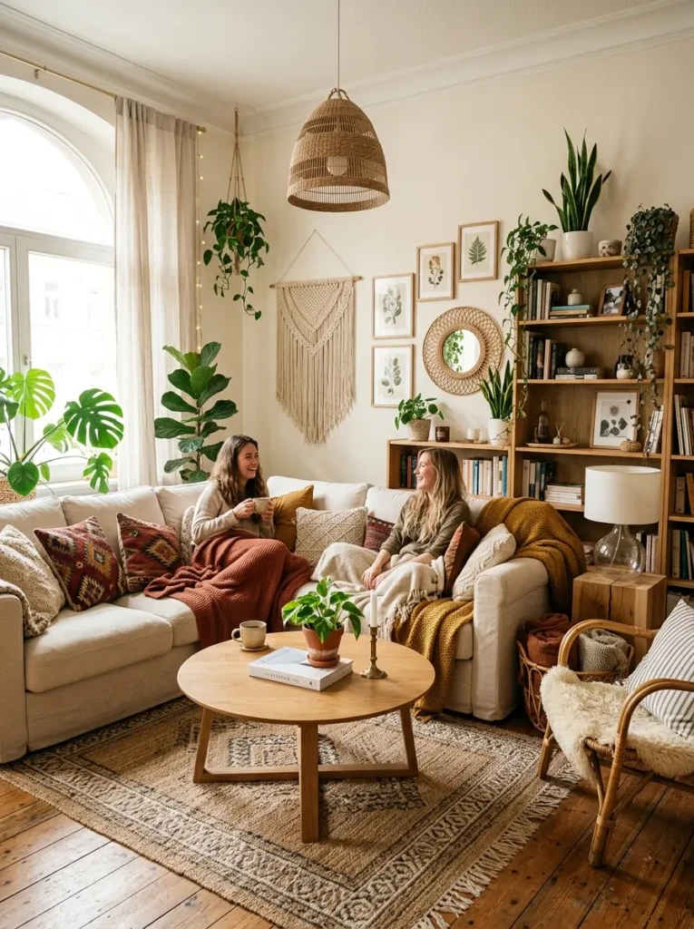 Warm boho living room with layered textures, indoor plants, soft lighting, woven rug, and natural wood furniture.