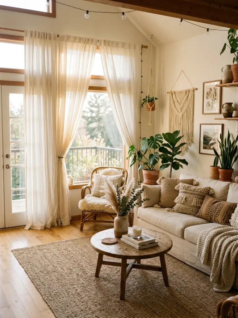 Dreamy boho living room with floor-length warm white linen curtains, filtered sunlight, neutral sofa, and woven rug.