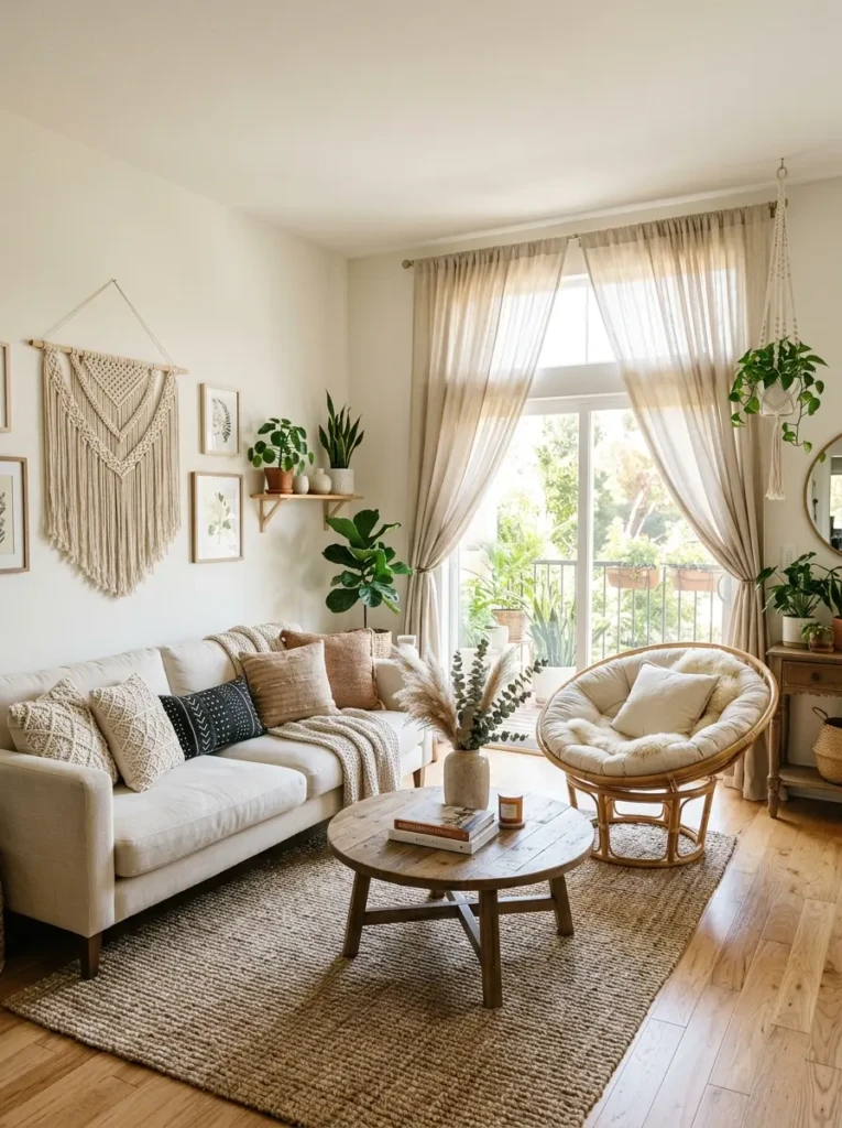 Boho living room with floor-length linen curtains, soft sunlight, cream sofa, and woven rug.