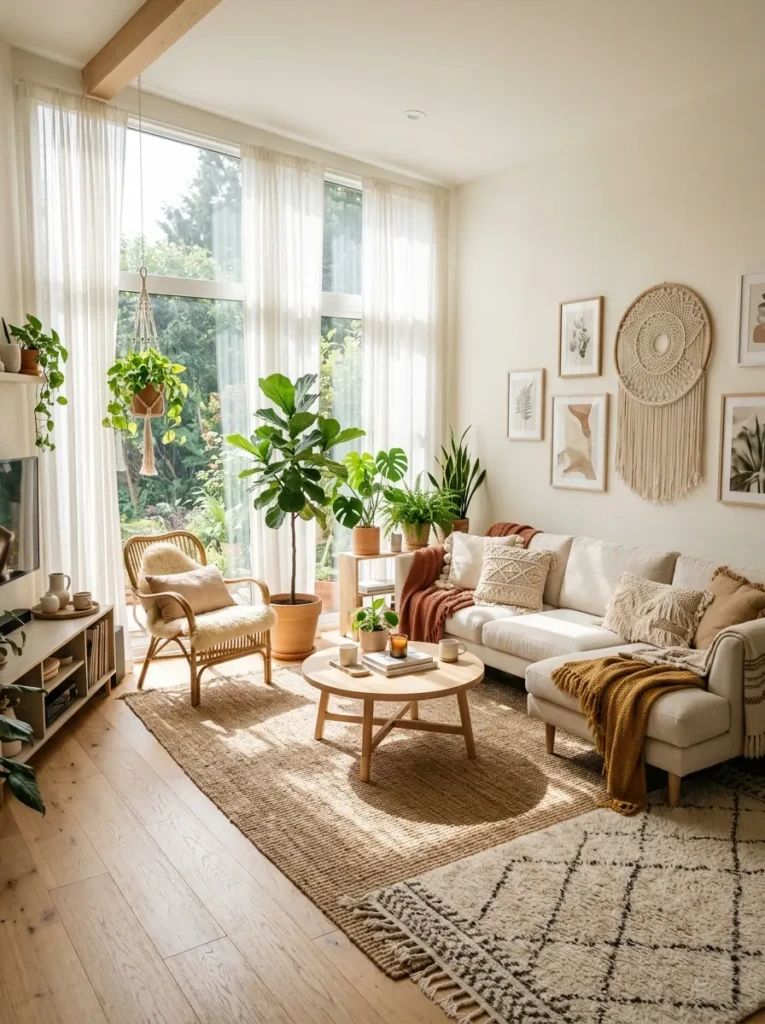 A bright and airy boho living room with sunlight streaming through sheer curtains, soft neutral furniture, and an open layout