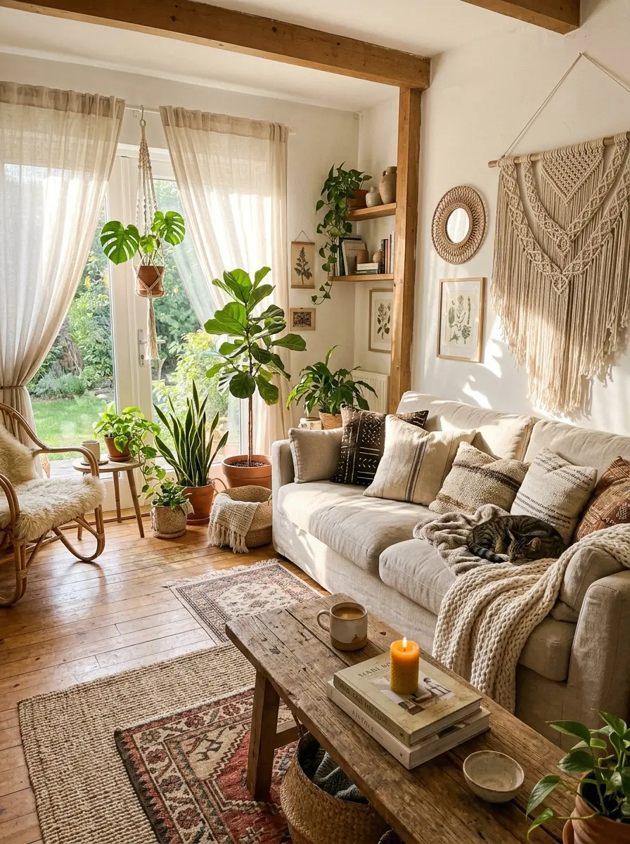 A bright boho living room with sunlight through sheer curtains, soft textures, neutral tones, and plants creating a calm and inviting space
