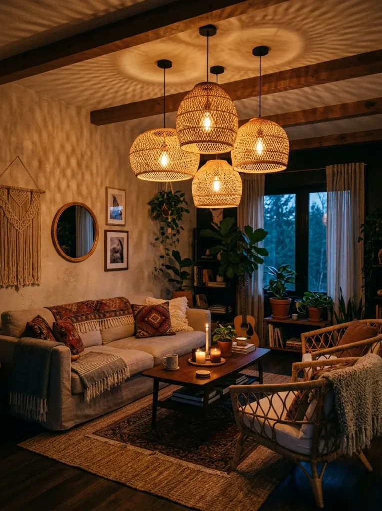 Cozy bohemian living room illuminated by warm woven pendant lights