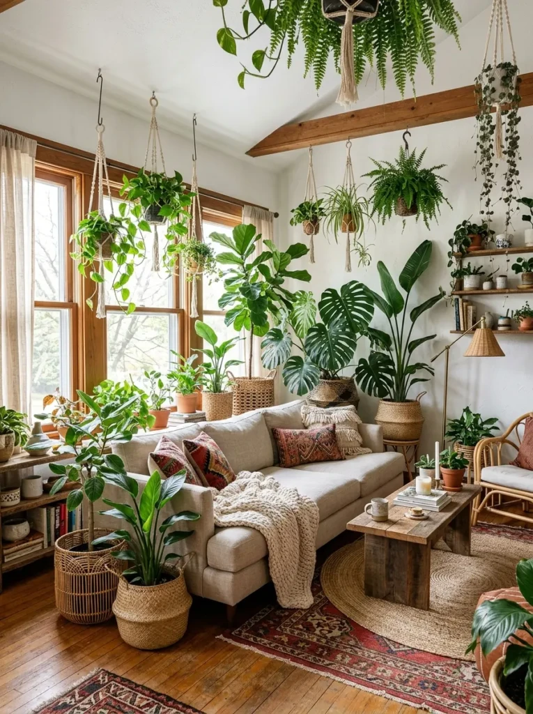 A bright boho living room full of hanging plants, leafy greenery, and woven planters creating a fresh and airy indoor jungle vibe