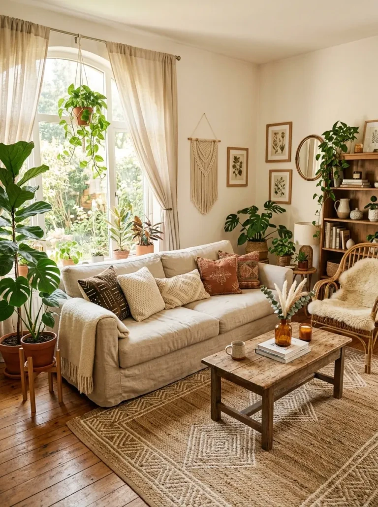 Sunlit boho living room with woven rug, neutral sofa, textured pillows, leafy plants, and warm natural light.