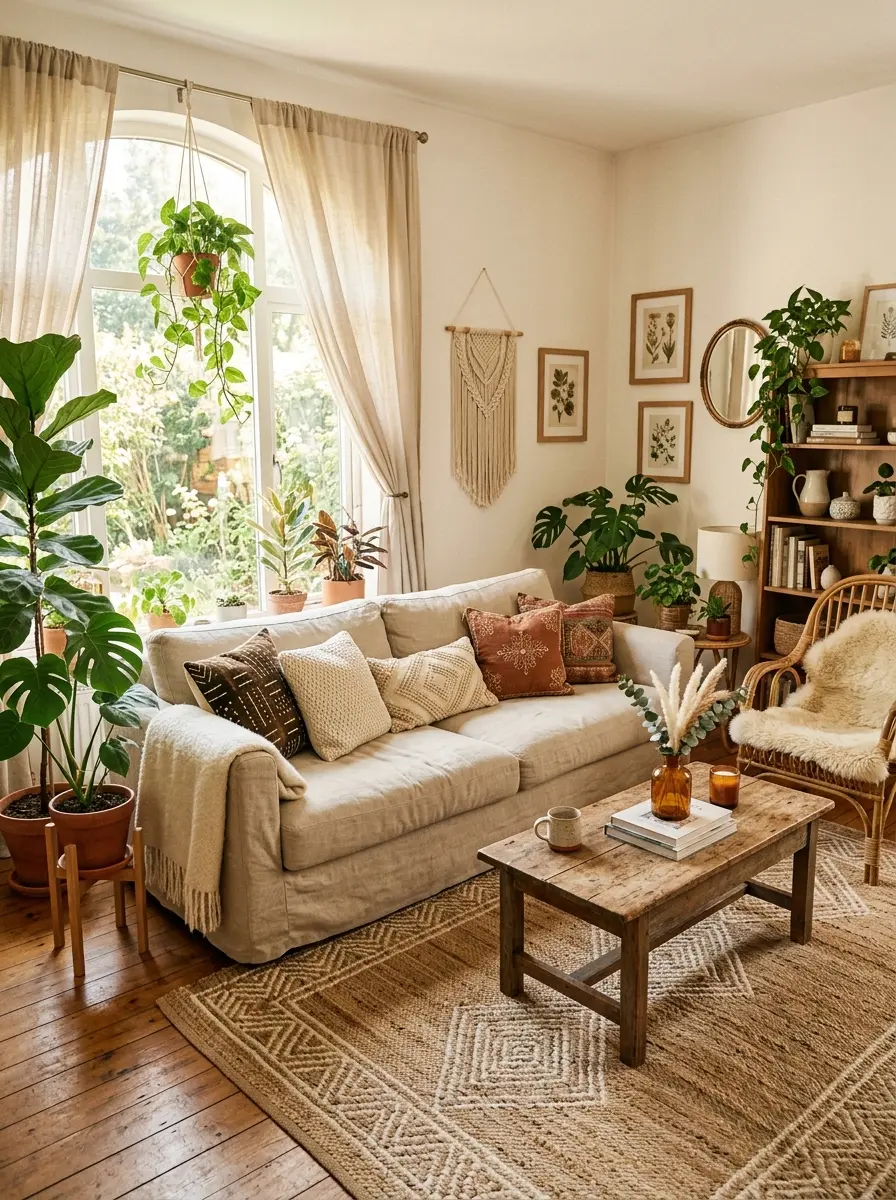 Sunlit boho living room with woven rug, neutral sofa, textured pillows, leafy plants, and warm natural light.