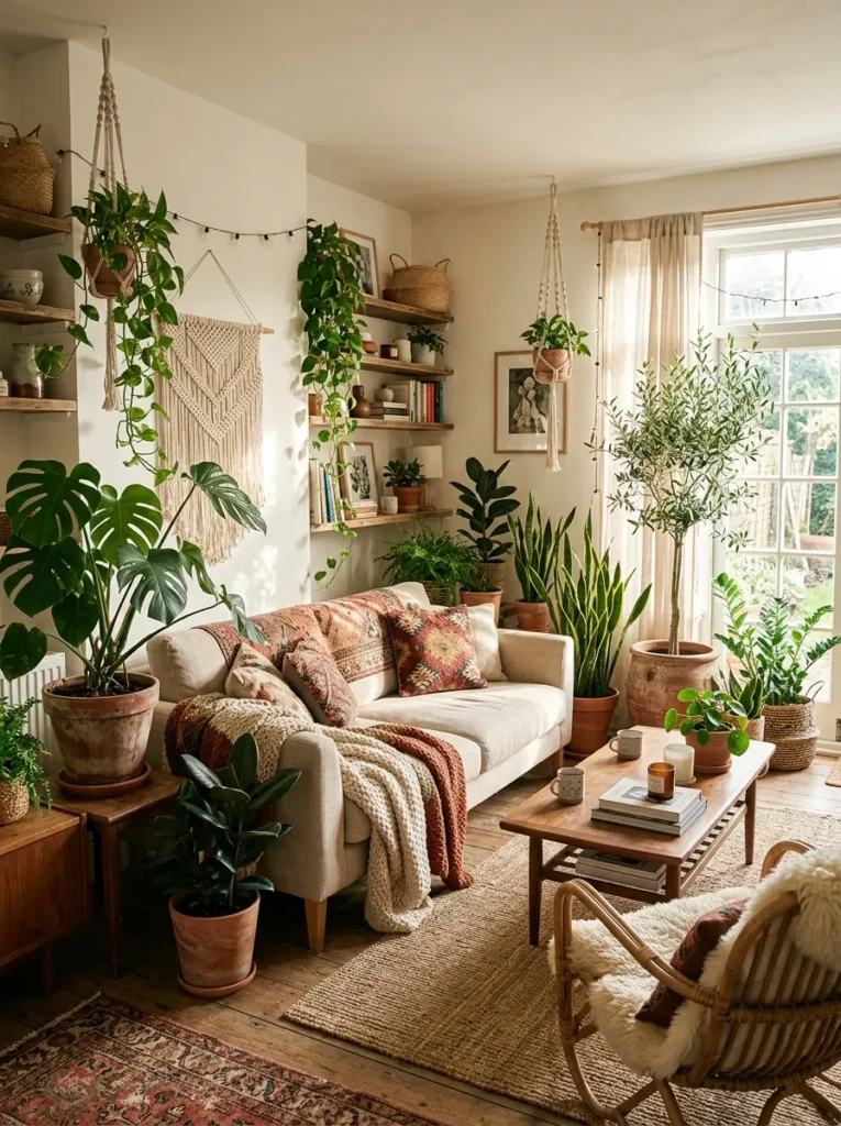 Boho living room filled with indoor plants, terracotta pots, woven baskets, and natural wood furniture.