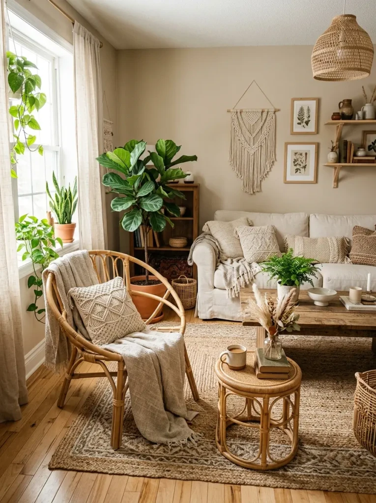 A warm boho living room featuring rattan chairs, wicker decor, wooden accents, and soft natural lighting for an organic feel