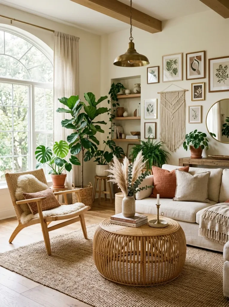 Airy boho living room with rattan accent chair, woven coffee table, cream sofa, and indoor plants.