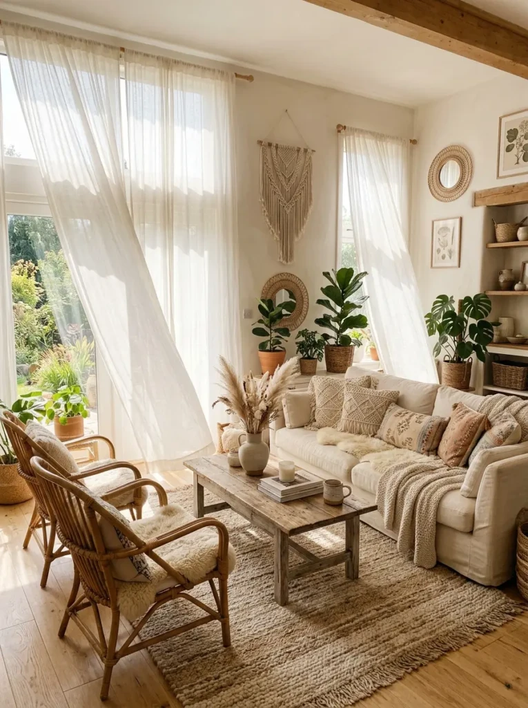 Bright boho living room with sheer curtains allowing sunlight to softly filter through