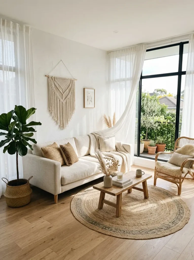 A bright bohemian living room with sunlight streaming through sheer curtains and minimal decor