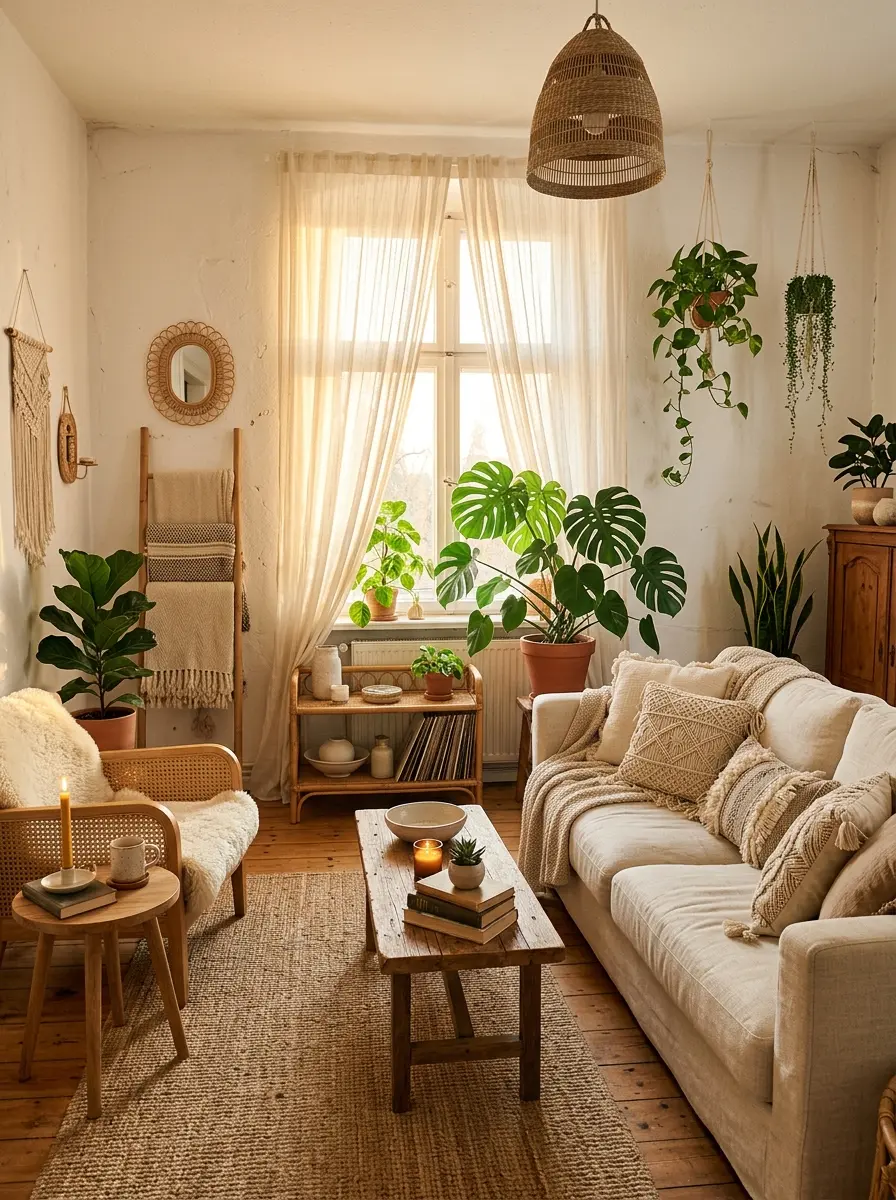 Cozy bohemian living room with sheer curtains, natural light, and soft neutral decor